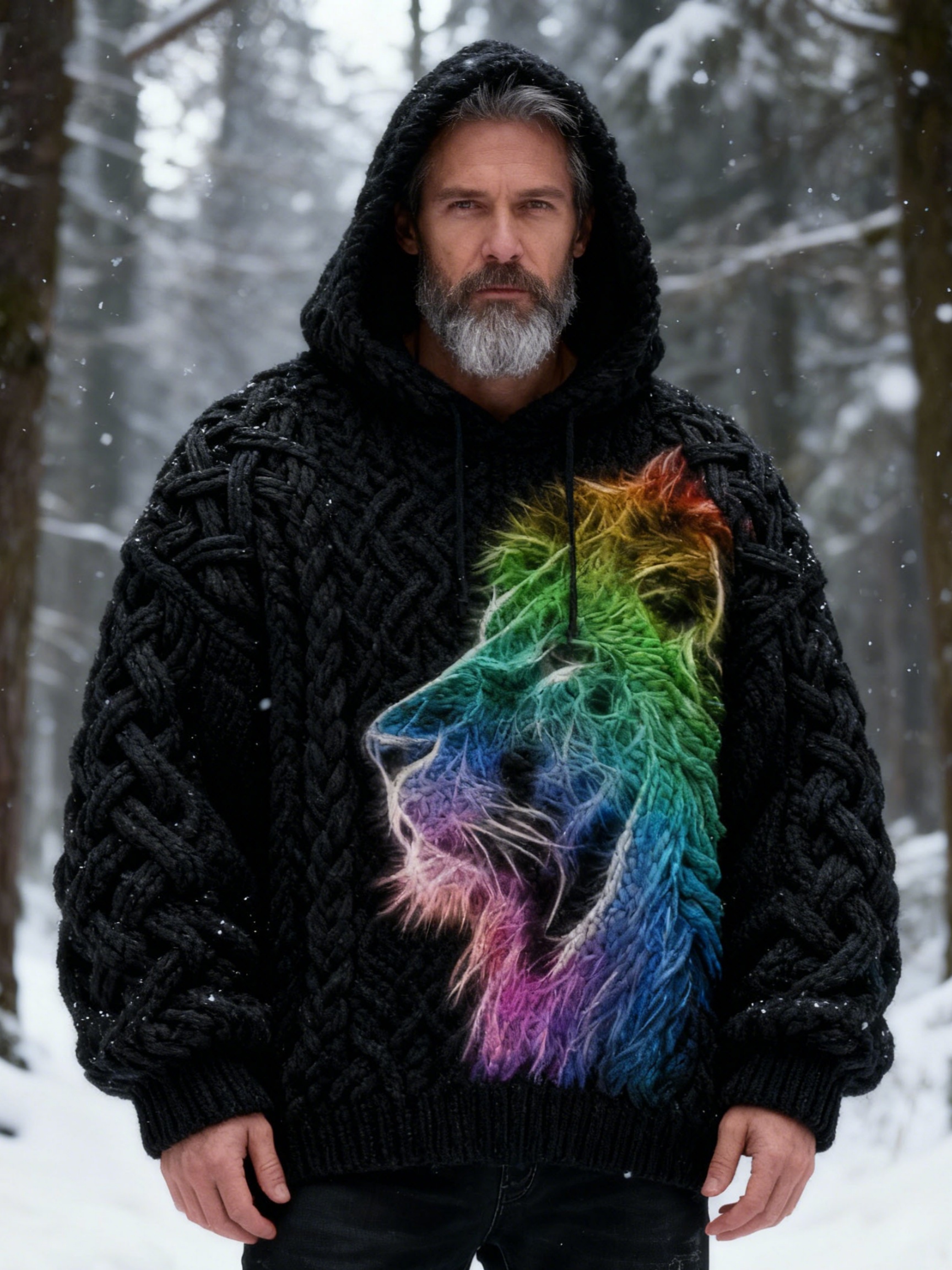 Men's Roaring Rainbow Lion Chunky Knit Hooded Sweater