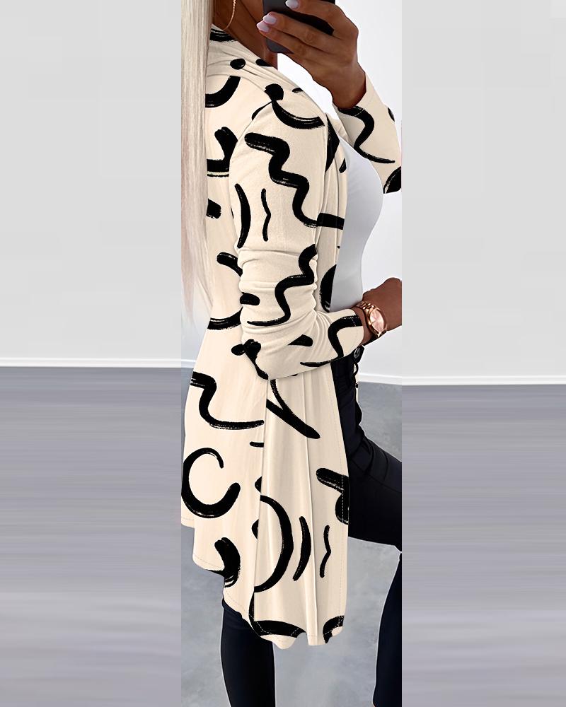 Abstract Print Open Front Long Sleeve Coat