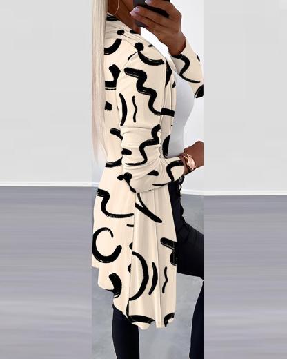 Abstract Print Open Front Long Sleeve Coat