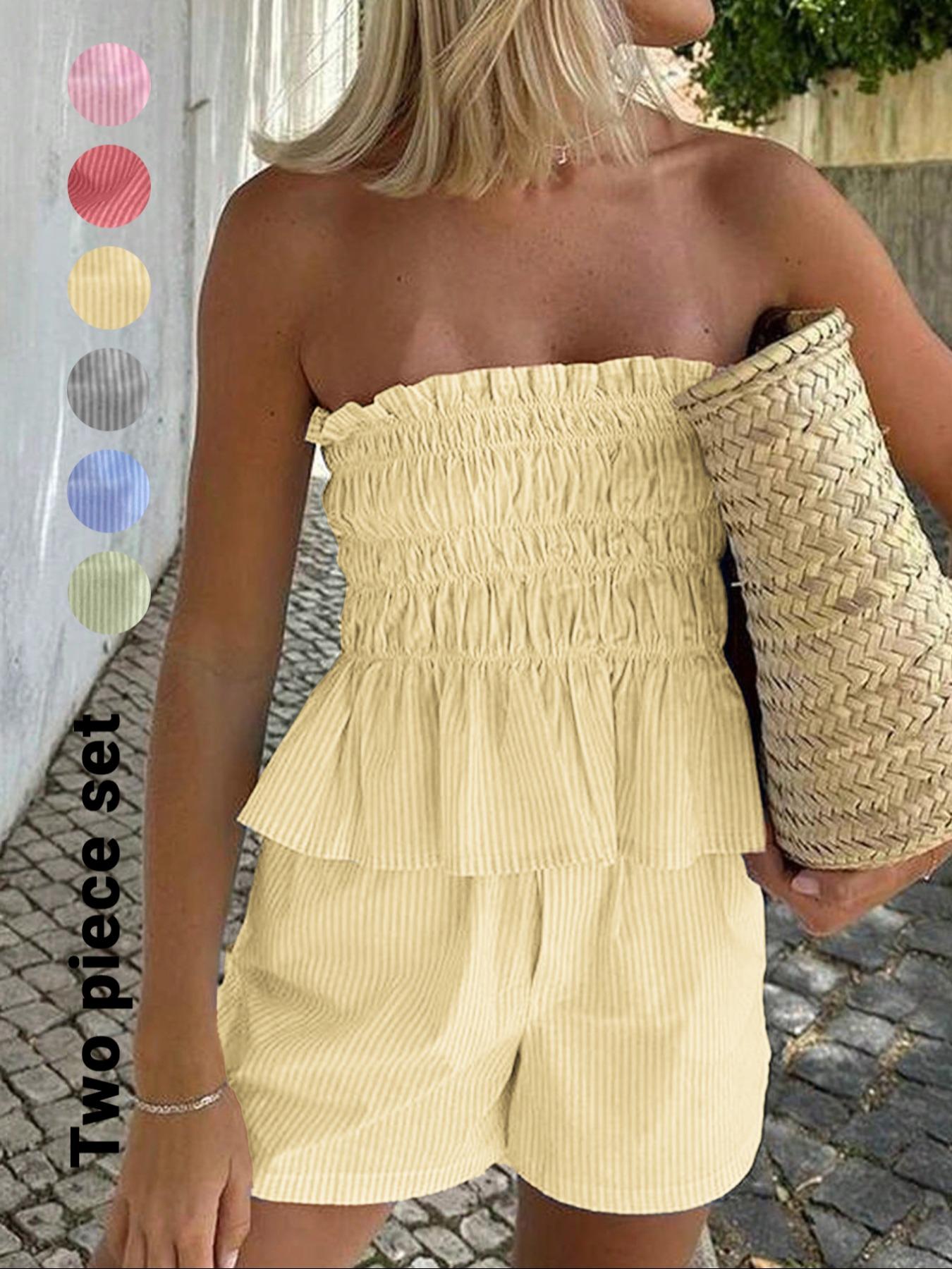 Two-piece Set Women's Striped Print Tube Top & Shorts Set, Casual Strapless Top & Shorts for Daily Wear, Ladies Clothes Womenswear for Summer Outfit