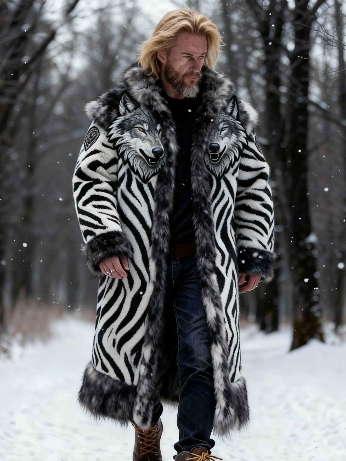 Men's Wolf Head Fur Zebra Print Long Coat