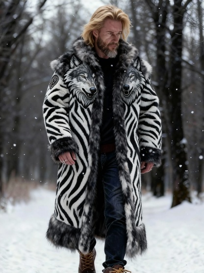Men's Wolf Head Fur Zebra Print Long Coat