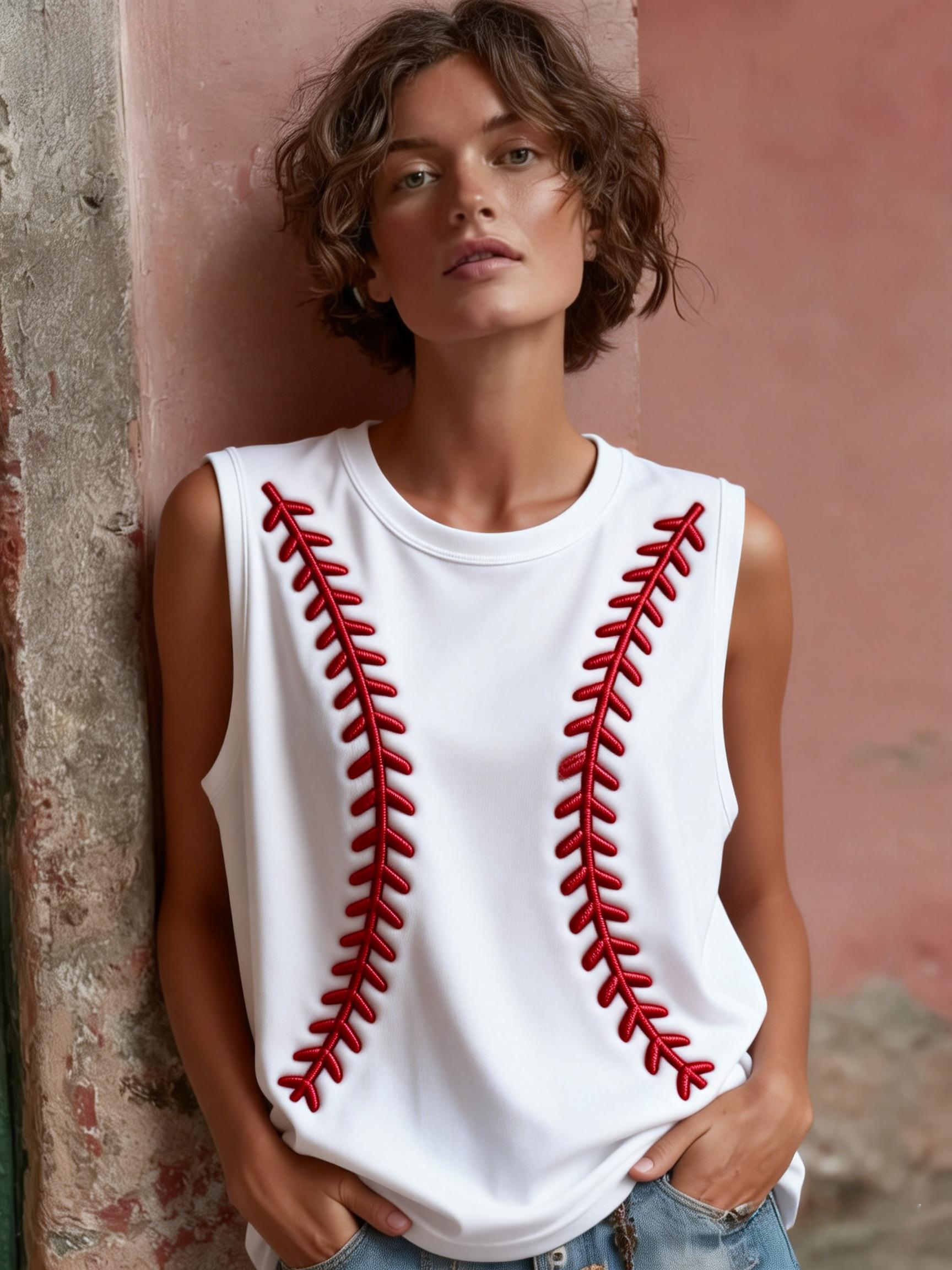 Women's Red Baseball Stitches Accent Sleeveless Tank Top