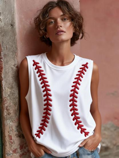 Women's Red Baseball Stitches Accent Sleeveless Tank Top