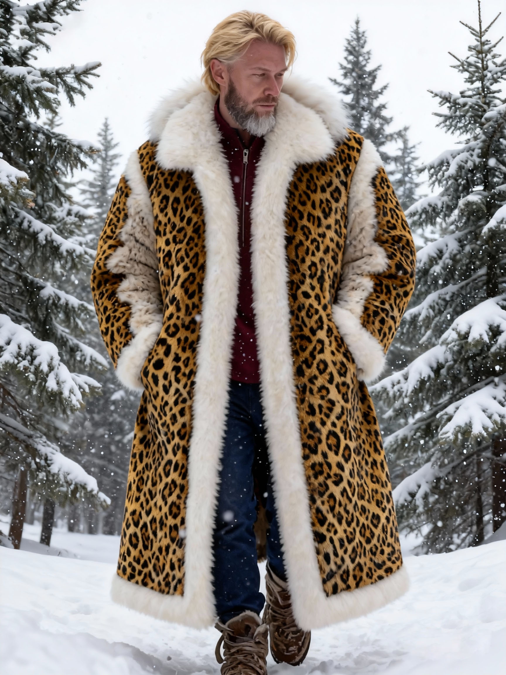 Men's Leopard Print Faux Fur Plush Long Coat
