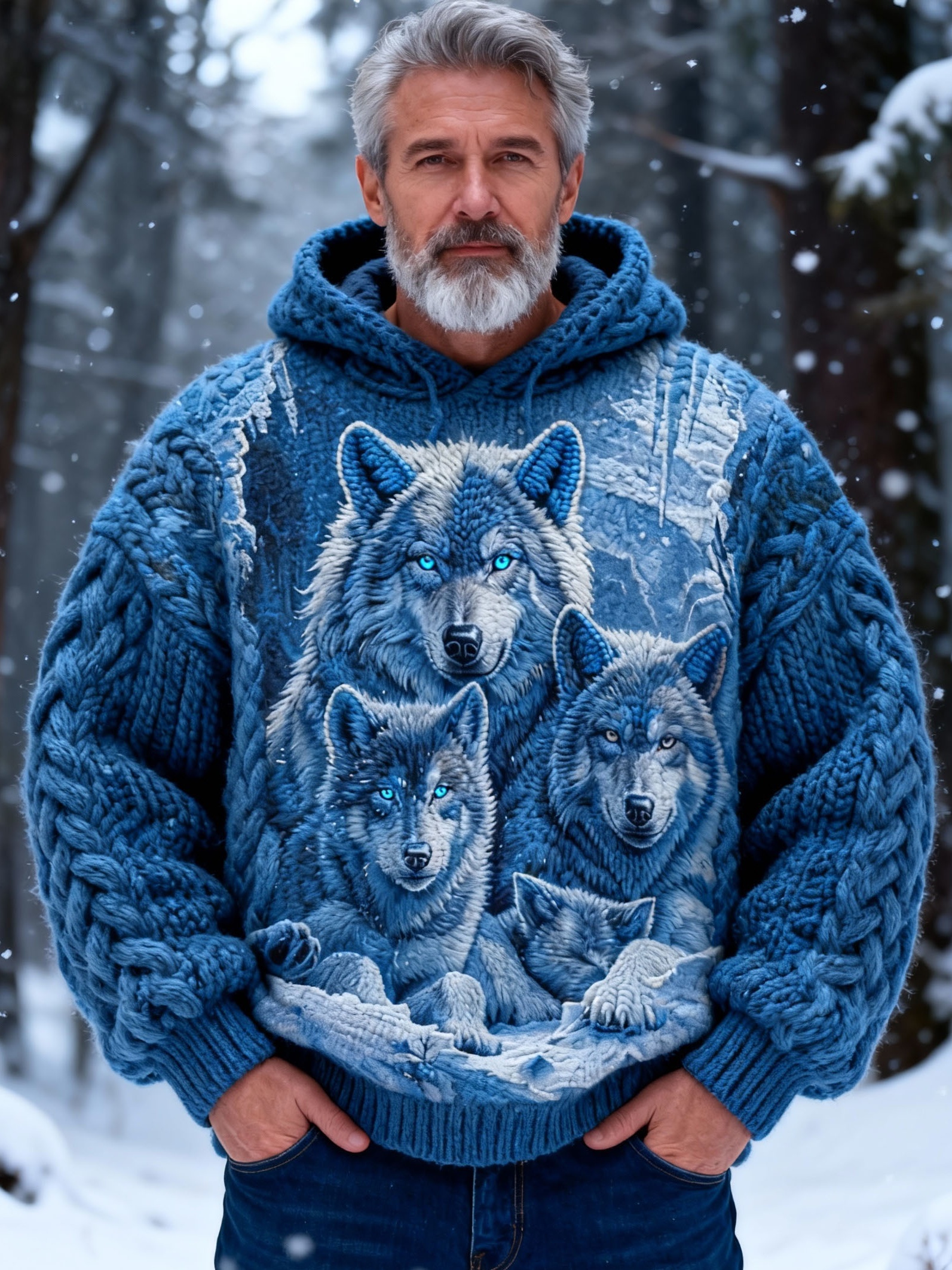 Men's Blue Wolf Pack Chunky Knit Hooded Sweater