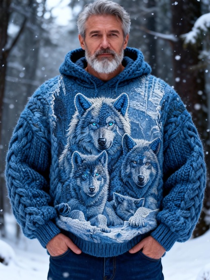 Men's Blue Wolf Pack Chunky Knit Hooded Sweater