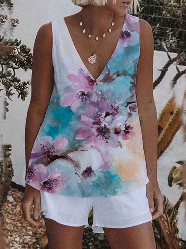 Summer Floral Printed Casual Elastic Waist Two-piece Suit