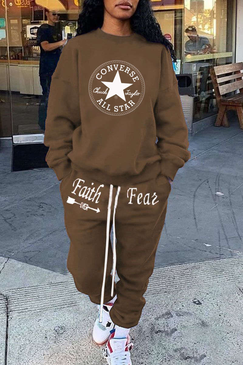 Converse Coffee Casual Letter Print Patchwork O Neck Plus Size Two Pieces 