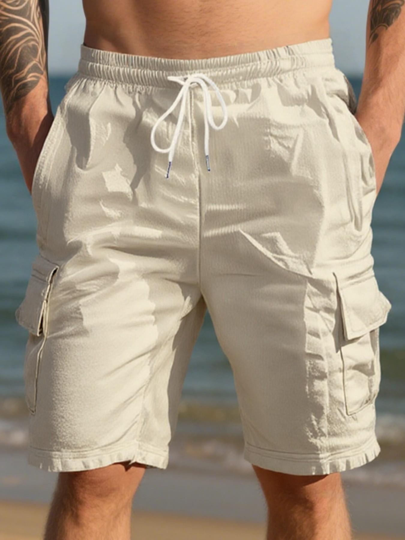 Men's Multi-Pocket Linen cargo shorts, Drawstring Waist Fitted Casual Shorts, Lightweight Breathable Beach Pants for Summer Outdoor Daily Wear