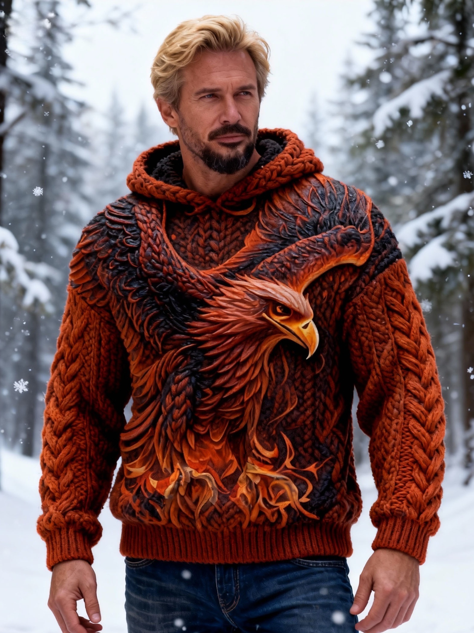 Men's Fiery Eagle Chunky Knit Trendy Hooded Sweater