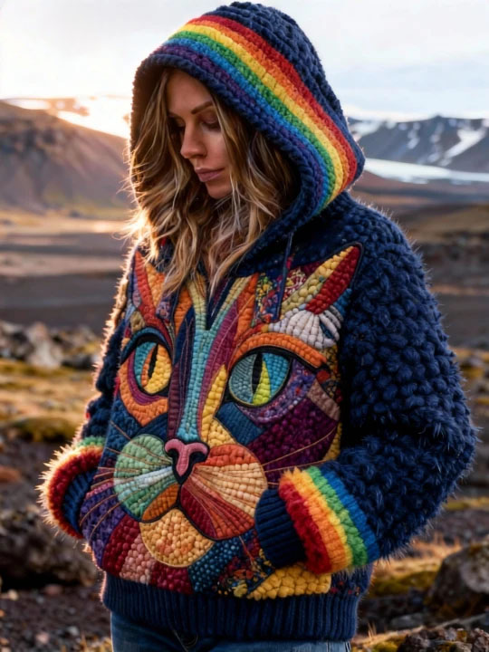 Women's Artistic Color Block Cat Face Rainbow Hooded Sweater