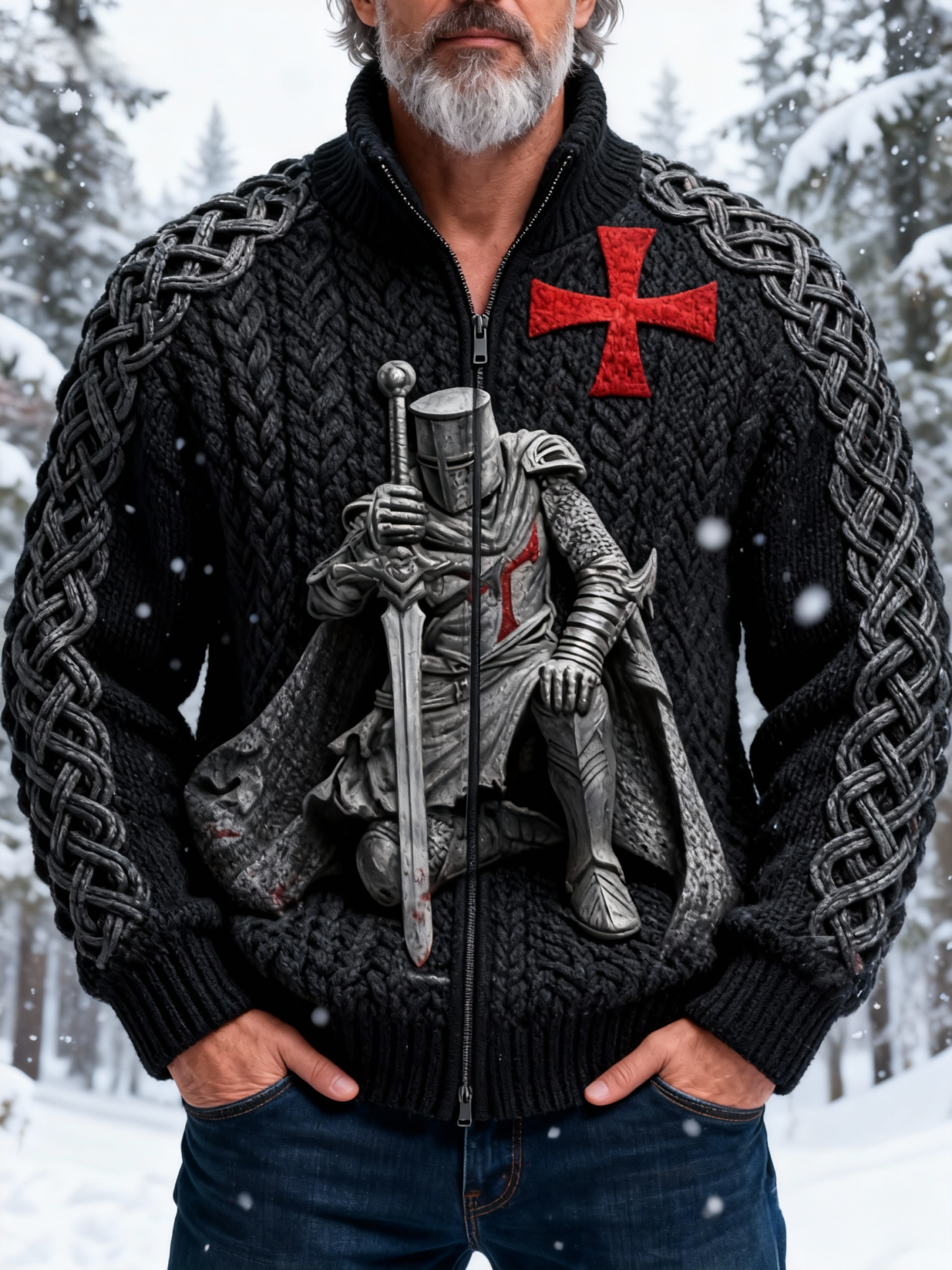 Men's Vintage Crusader Templar Kettle Knot Chunky Knit Sweater Jacket