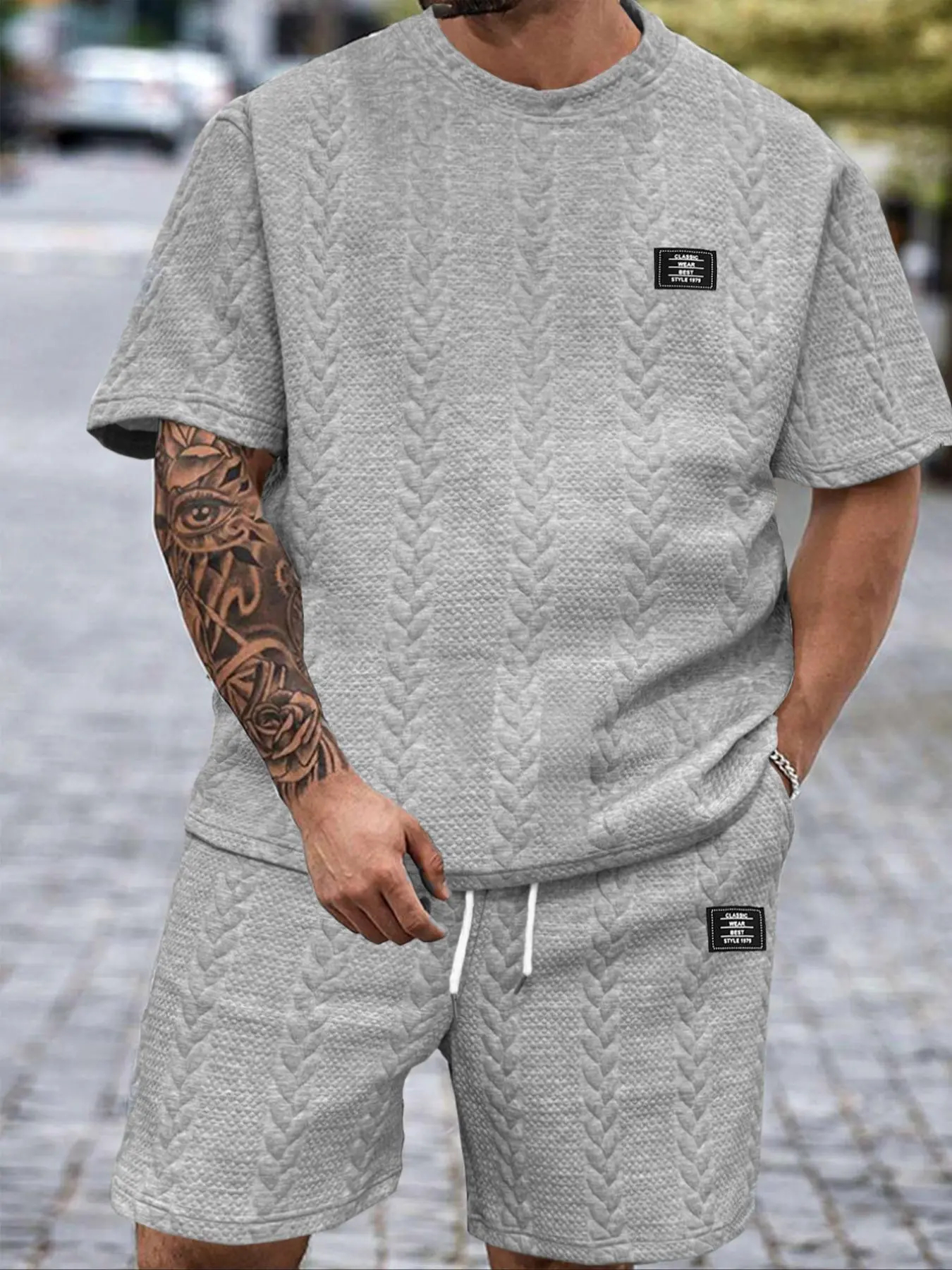 Men's Solid Textured Knit Patched Tee & Drawstring Waist Shorts Set