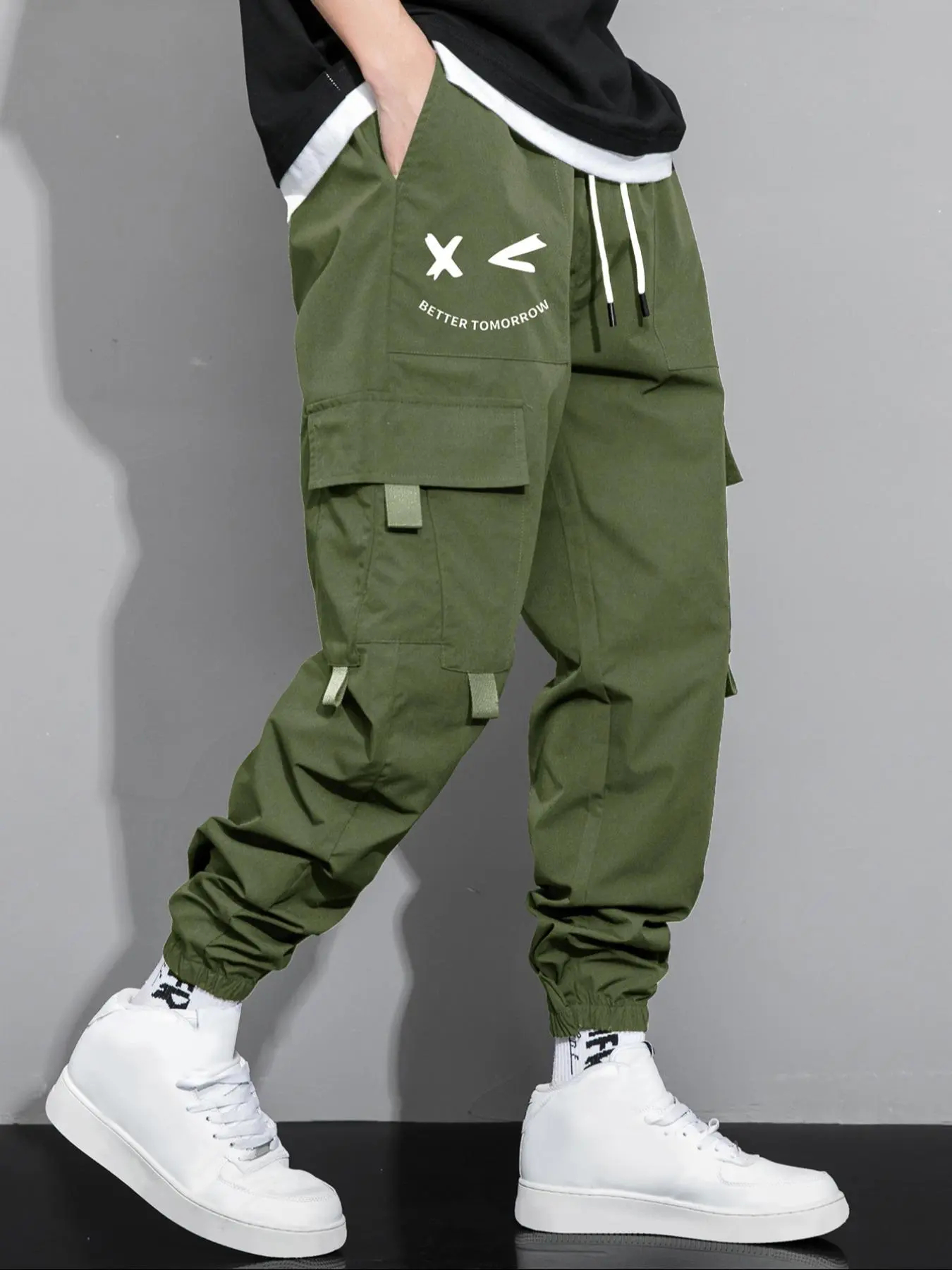 Men's Cartoon Face & Letter Print Drawstring Waist Cargo Pants