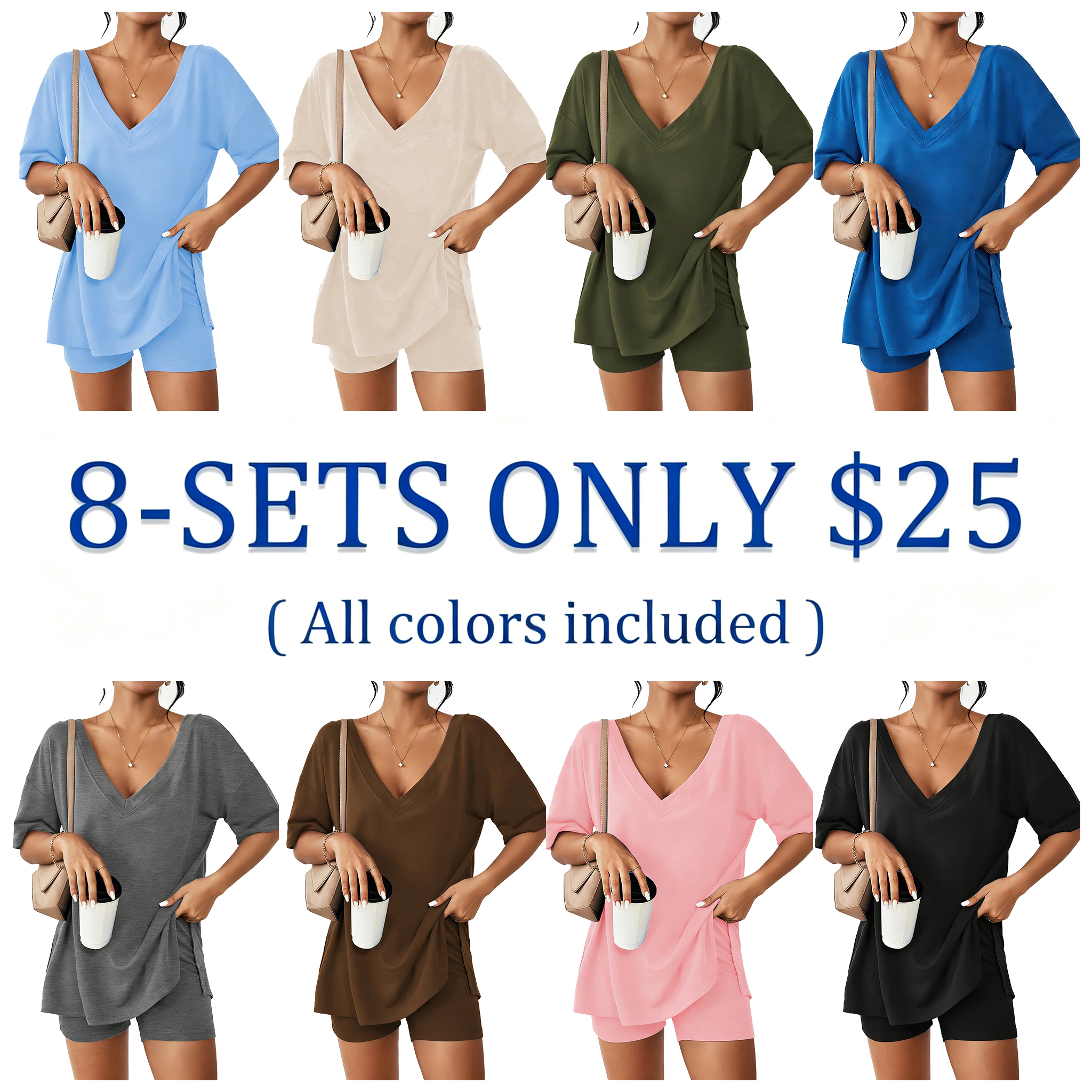 Women's Casual Spring Oversized V Neck Split Hem Shirts & Shorts Two-Piece Set