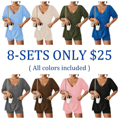 Women's Casual Spring Oversized V Neck Split Hem Shirts & Shorts Two-Piece Set