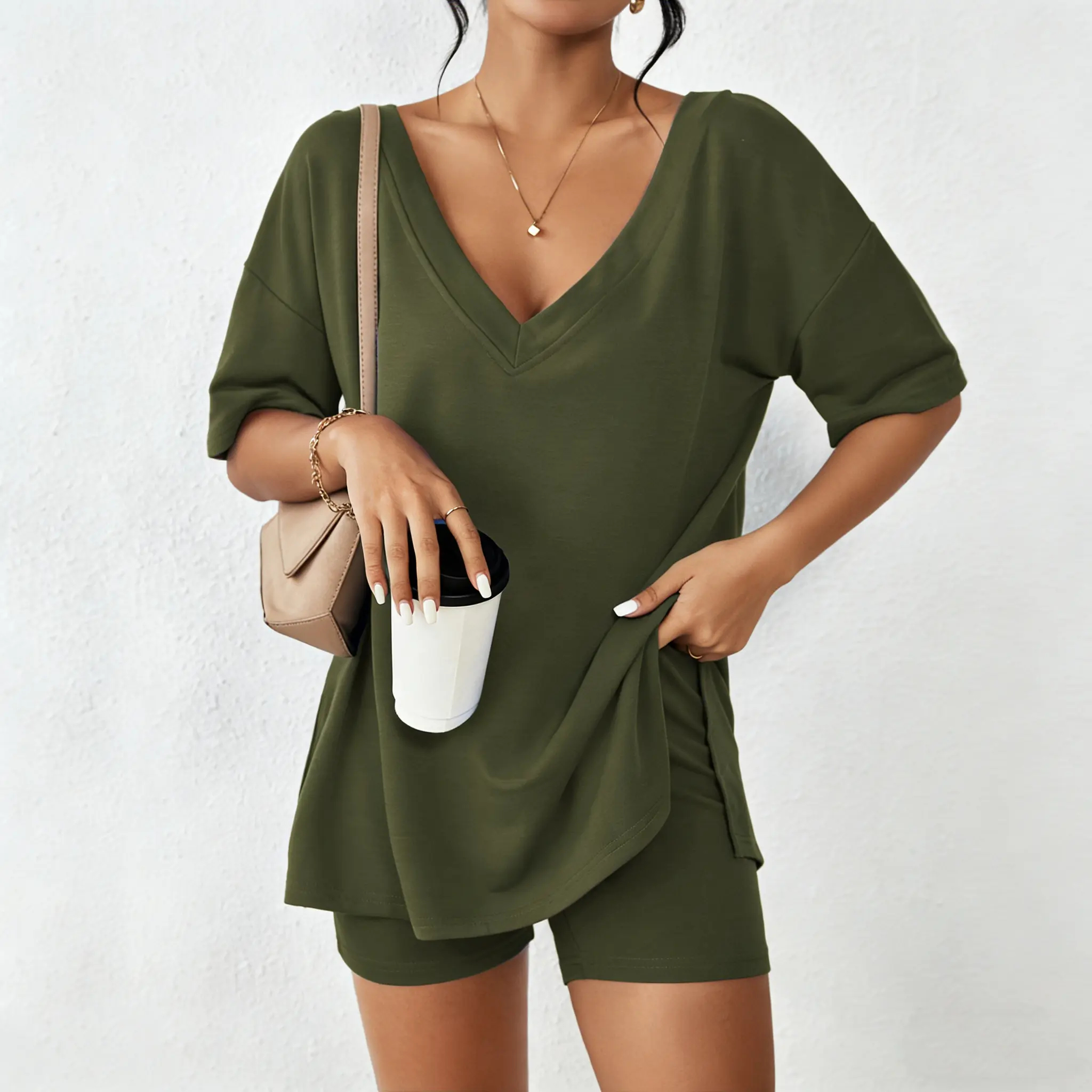 Women's Casual Spring Oversized V Neck Split Hem Shirts & Shorts Two-Piece Set