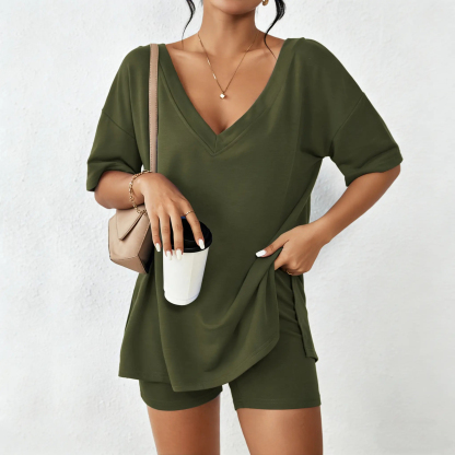 Women's Casual Spring Oversized V Neck Split Hem Shirts & Shorts Two-Piece Set
