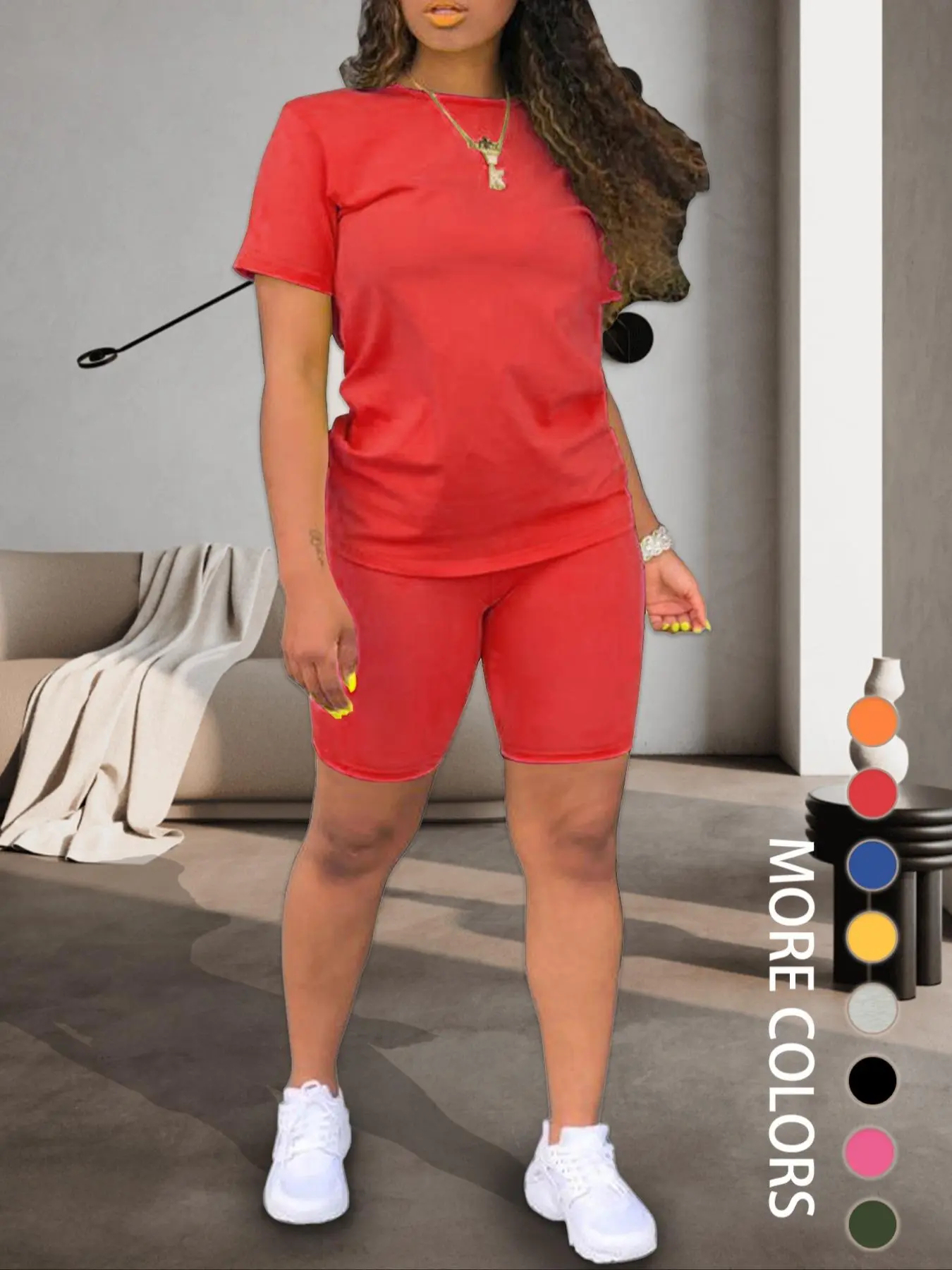 Women's Fitted Plain Round Neck Tee & Skinny Shorts Set