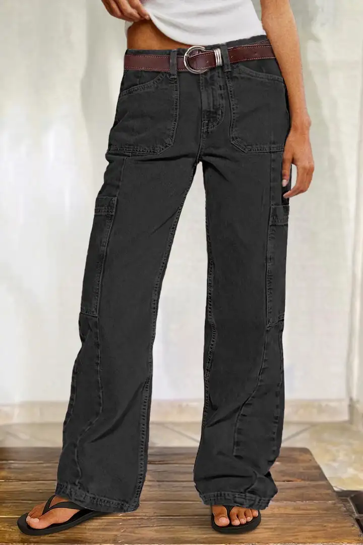 Women's Button Detail Mid Waist Straight Leg Cargo Pants Without Belt