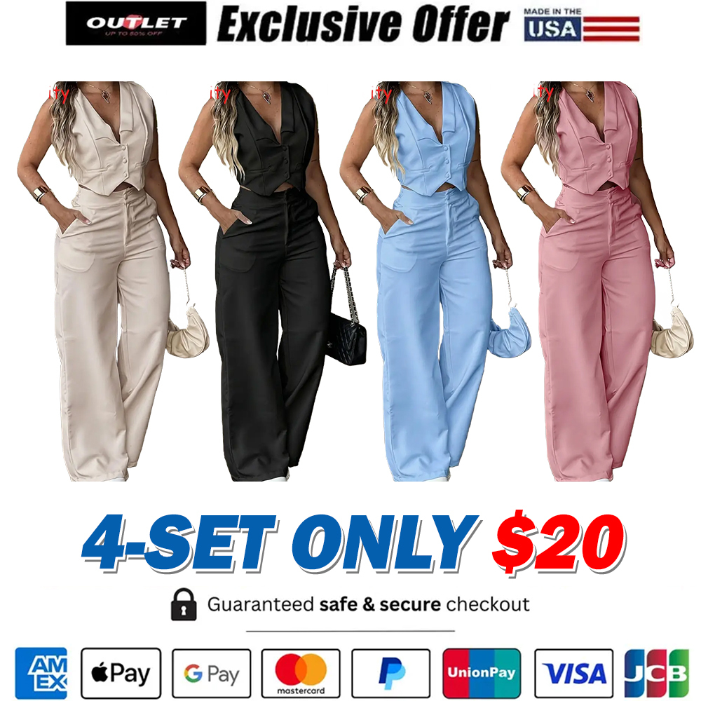 Women's Sleeveless Waist Cinching Vest Set, Wide Leg Pants