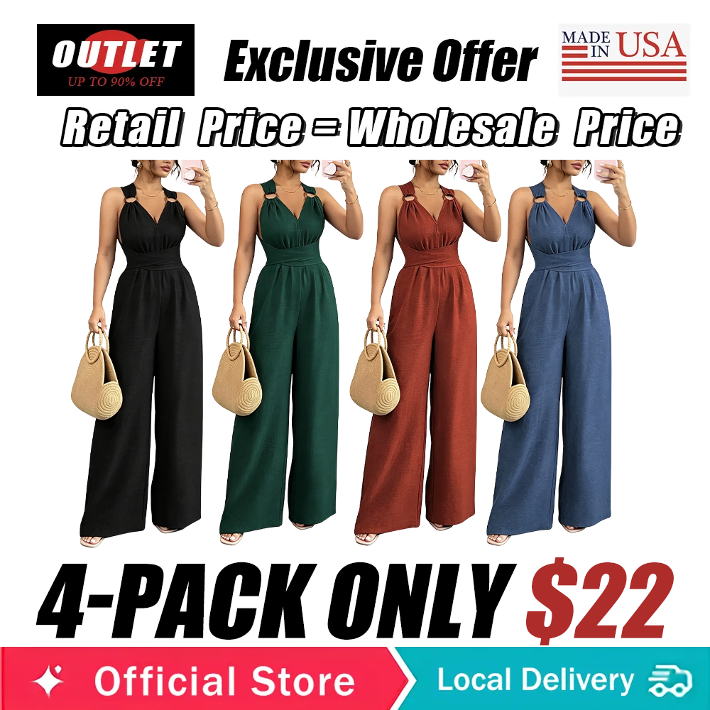 Women's V-Neck Tie-Waist Wide-Leg Jumpsuits