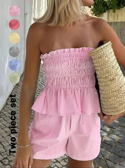 Women's Striped Print Tube Top & Shorts Sets