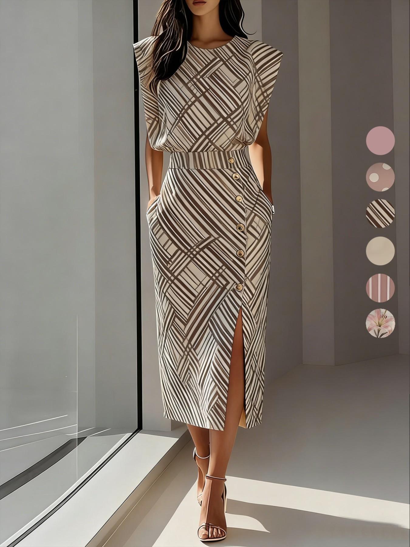 Women's Elegance Button Split Versatile Striped Mid-Length Slimming Dress