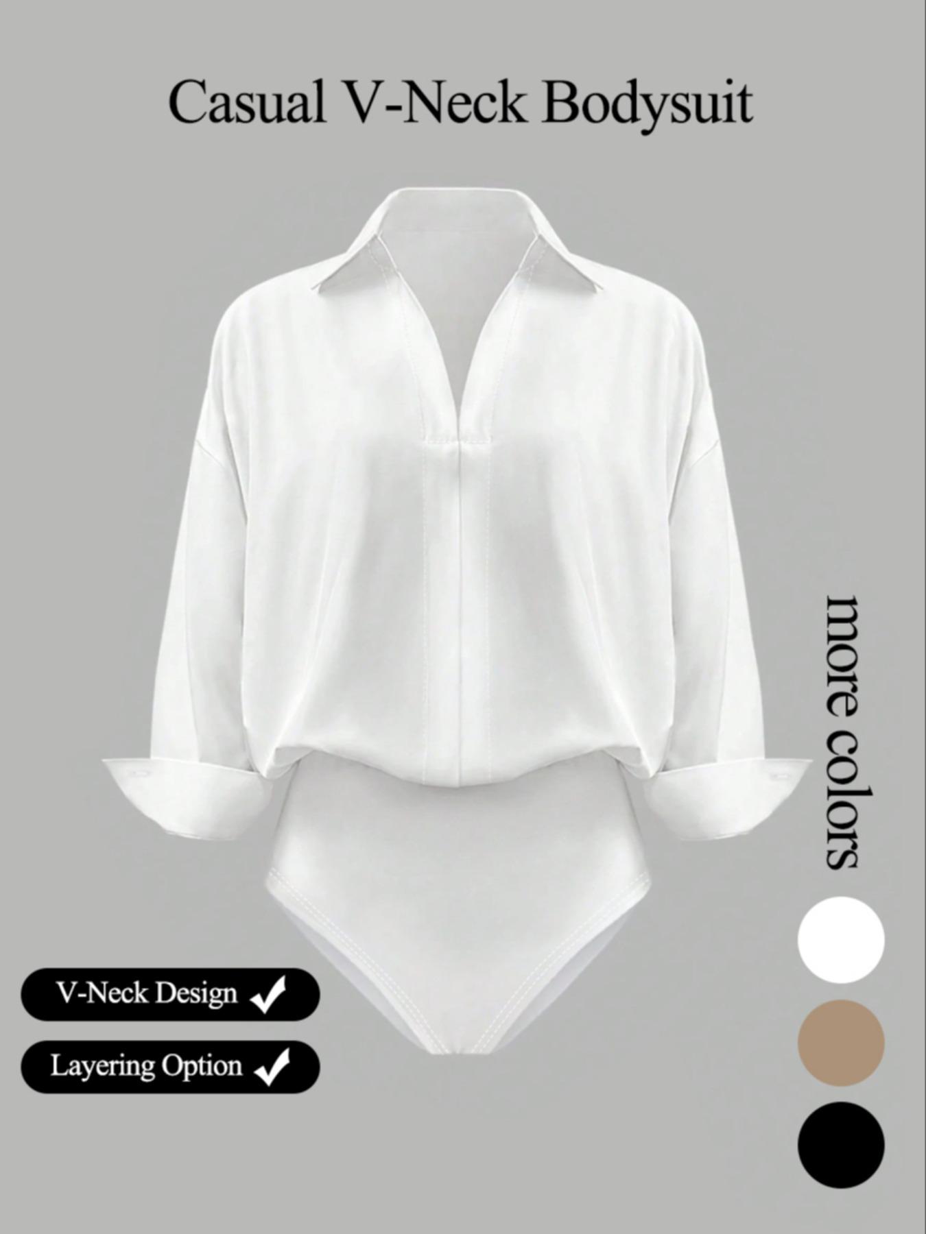 Women's casual loose V-neck long-sleeved shirt jumpsuit, Womenswear, elegant woven fabric, slim fit, suitable for all seasons, and can be layered flexibly, Bodysuit
