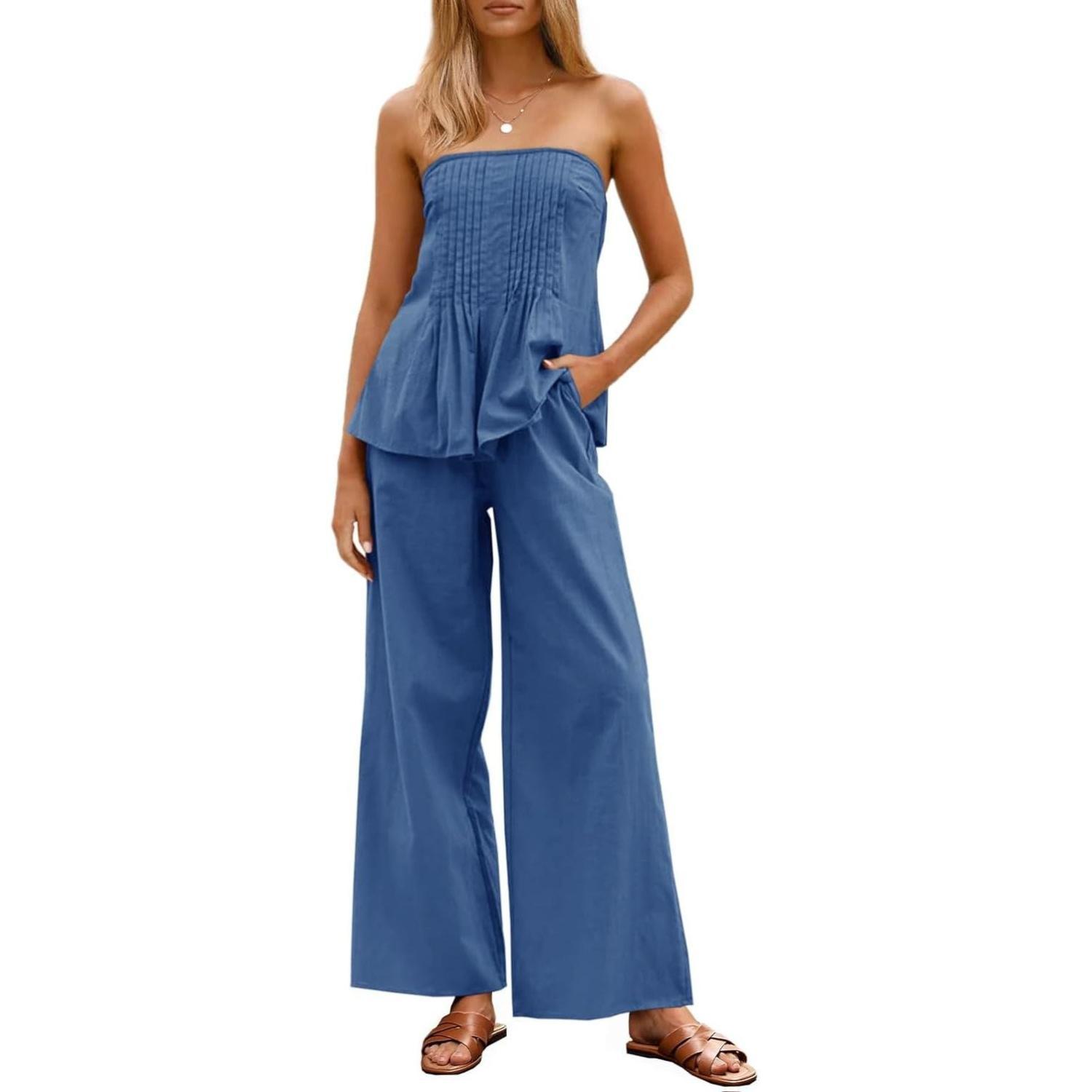 Women's Vacation Strapless Cotton Tube Top & Wide Leg Pleated Pants Matching Set