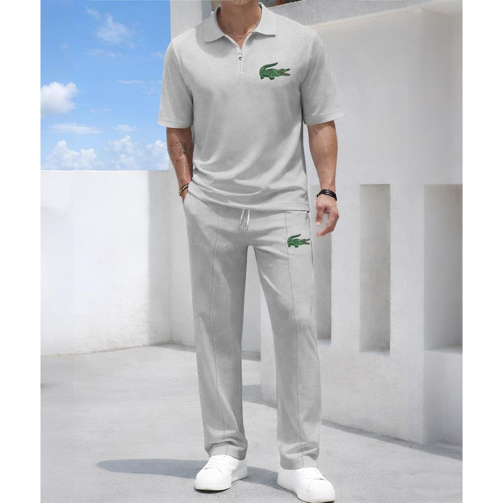 Men's Mechanical Crocodile Print Waffle-Knit Polo Shirt Set