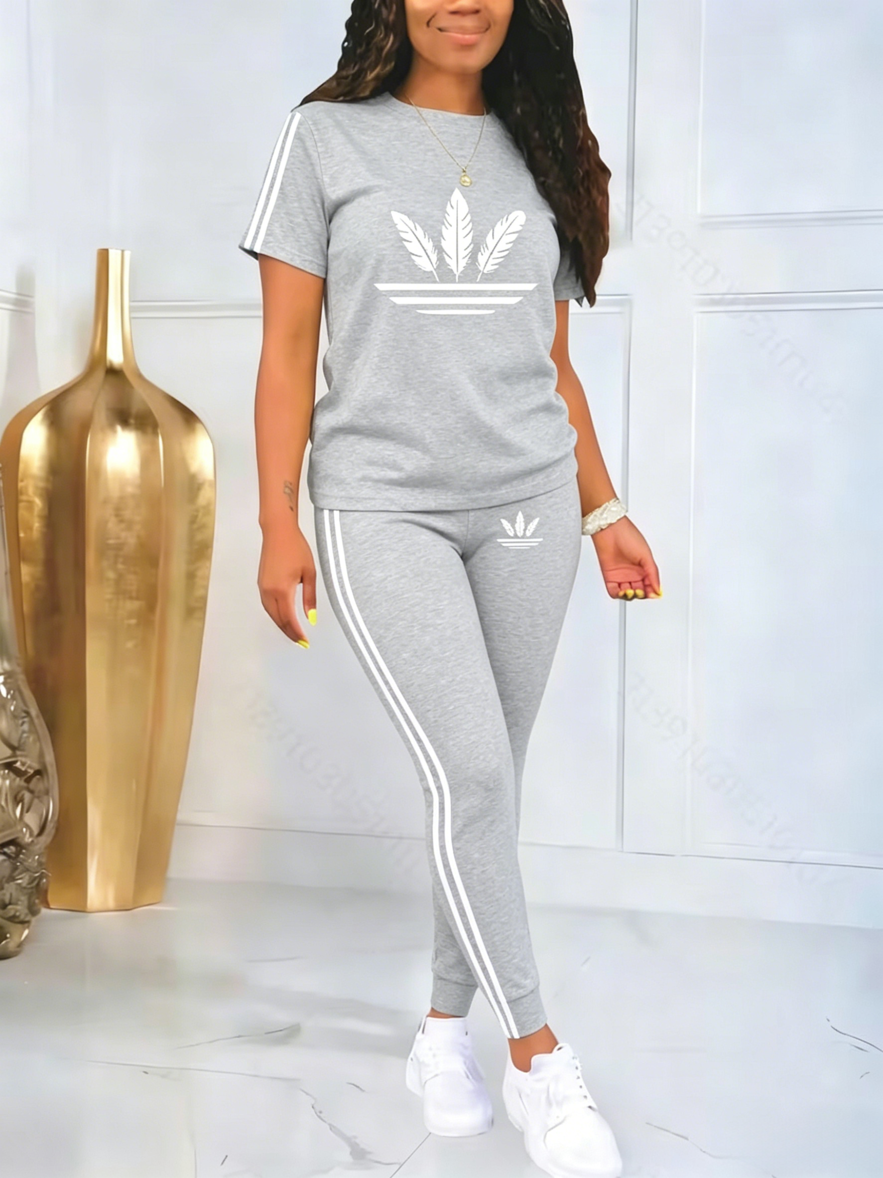 Women's Printed Casual Sporty Round Neck Drawstring Short Sleeve Two-Piece Set
