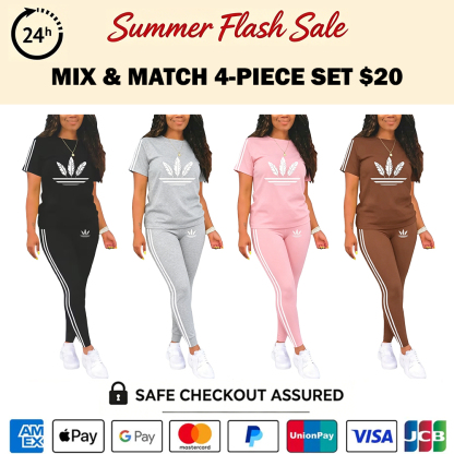 Women's Printed Casual Sporty Round Neck Drawstring Short Sleeve Two-Piece Set