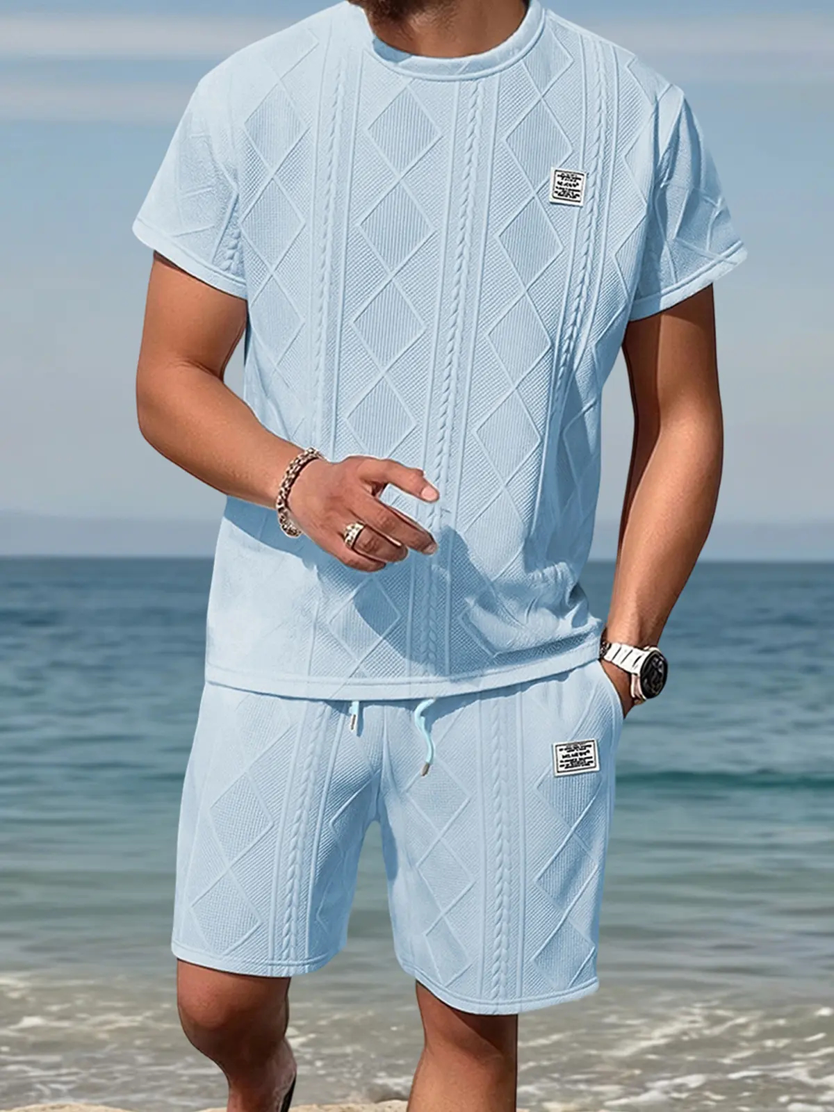 Men's Casual Summer Jacquard Texture Fabric Breathable 2-Piece Sports Suit
