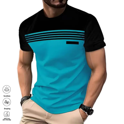  Men’s Casual Striped Panel Design Short Sleeve T-Shirts