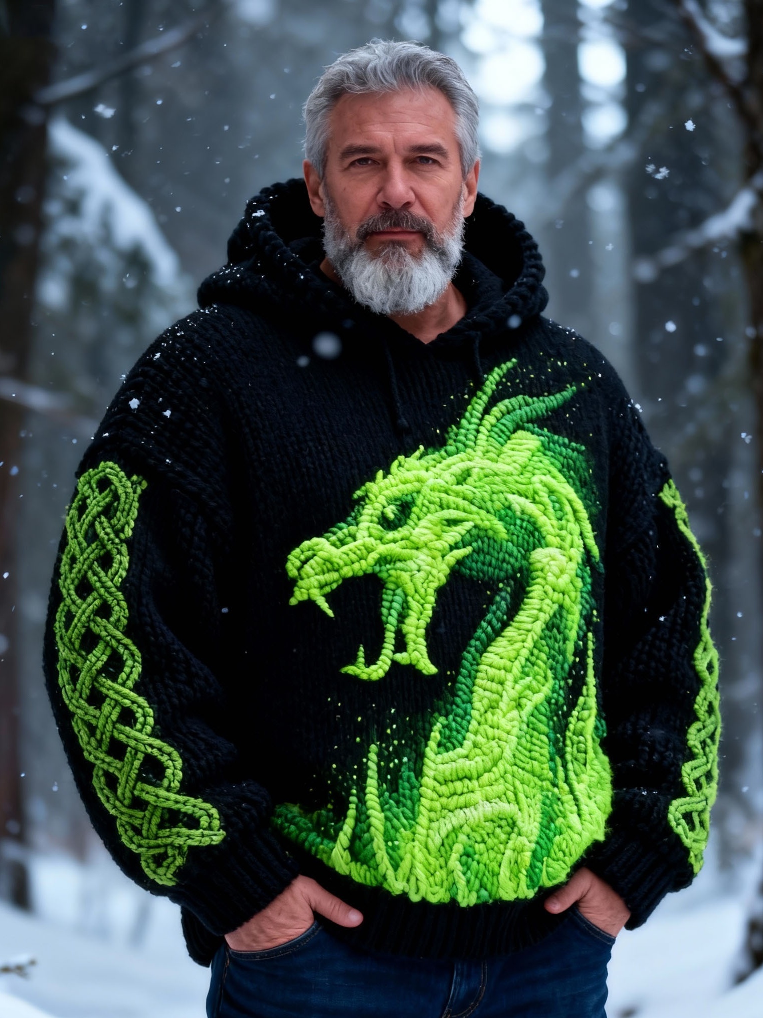 Men's Green Dragon Pattern Kettle Knot Hooded Sweater
