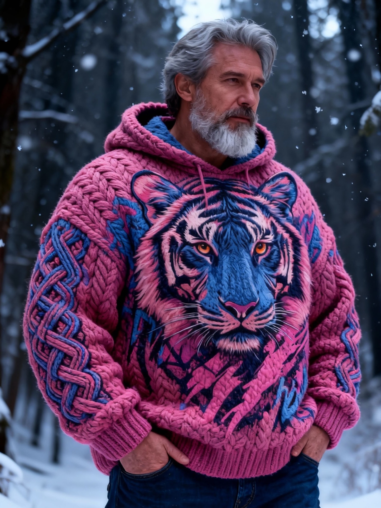 Men's Pink and Blue Tiger Kettle Knot Chunky Knit Hooded Sweater