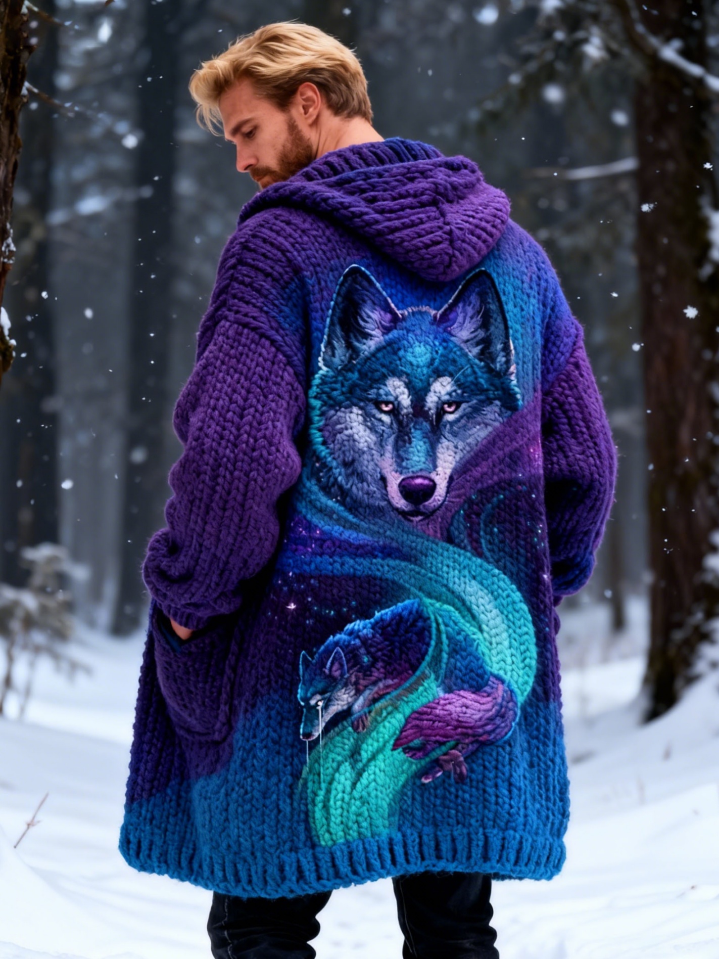 Men's Starry Sky Wolf Gradient Chunky Knit Long Hooded Cardigan