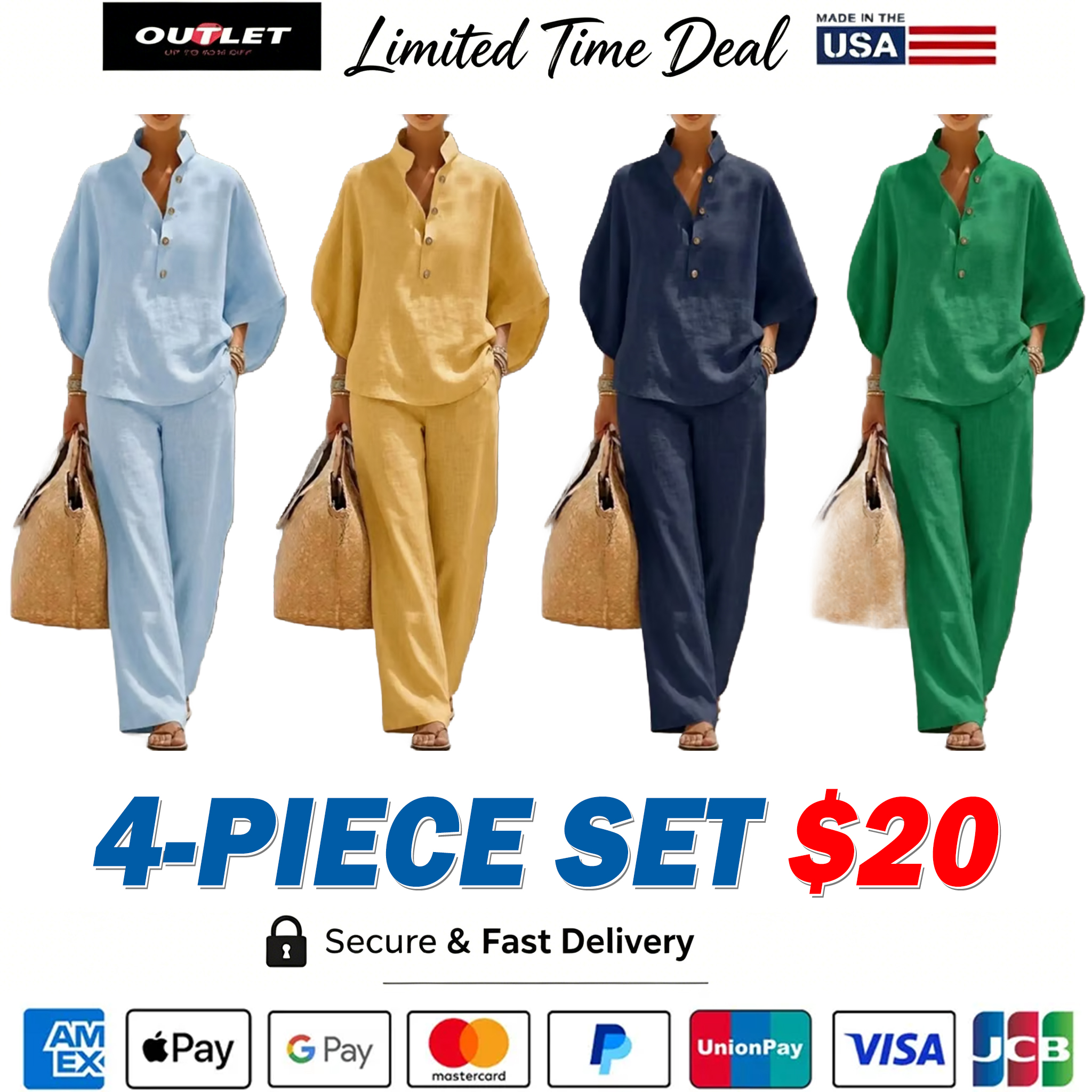Women's Batwing Sleeve Linen Cotton Two-Piece Set – Casual Shirt & Wide Leg Pants Outfit