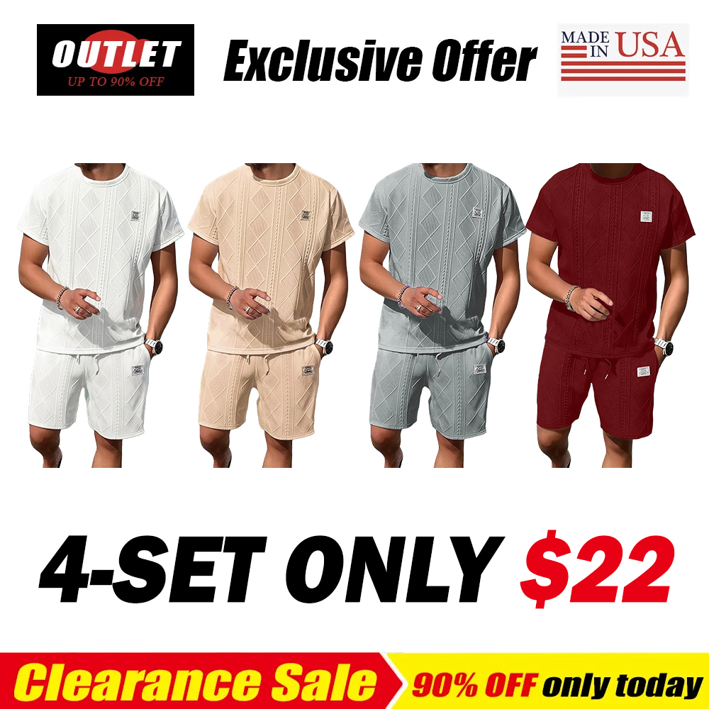 Men's Casual Summer Jacquard Texture Fabric Breathable 2-Piece Sports Suit