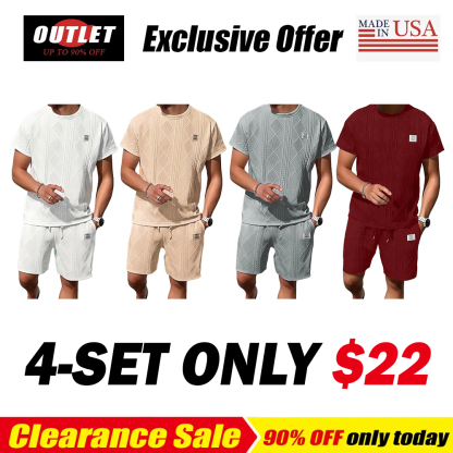 Men's Casual Summer Jacquard Texture Fabric Breathable 2-Piece Sports Suit