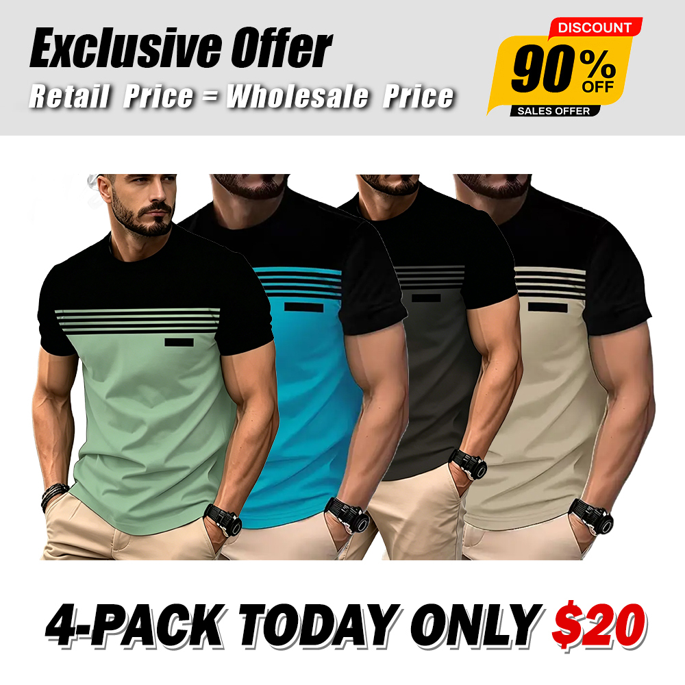  Men’s Casual Striped Panel Design Short Sleeve T-Shirts