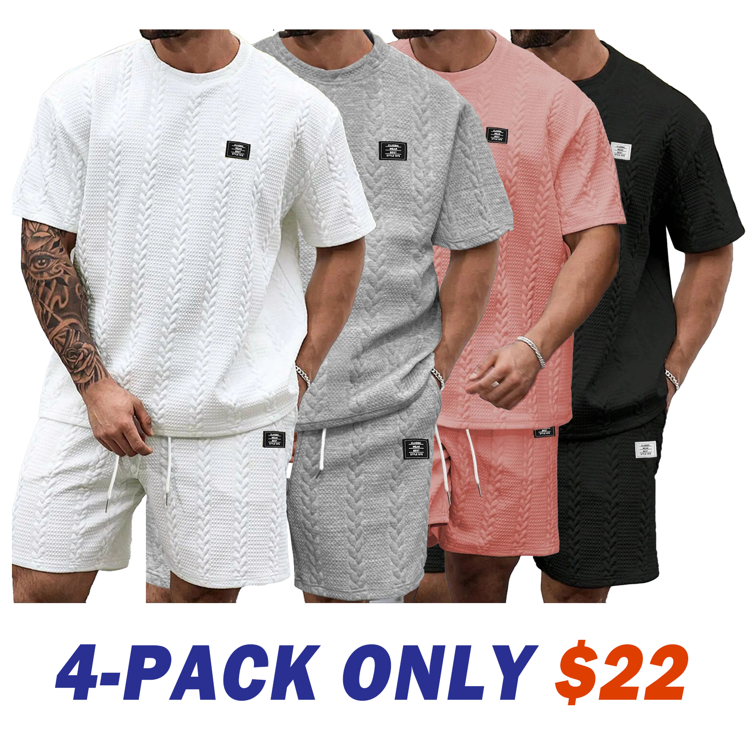 Men's Solid Textured Knit Patched Tee & Drawstring Waist Shorts Set