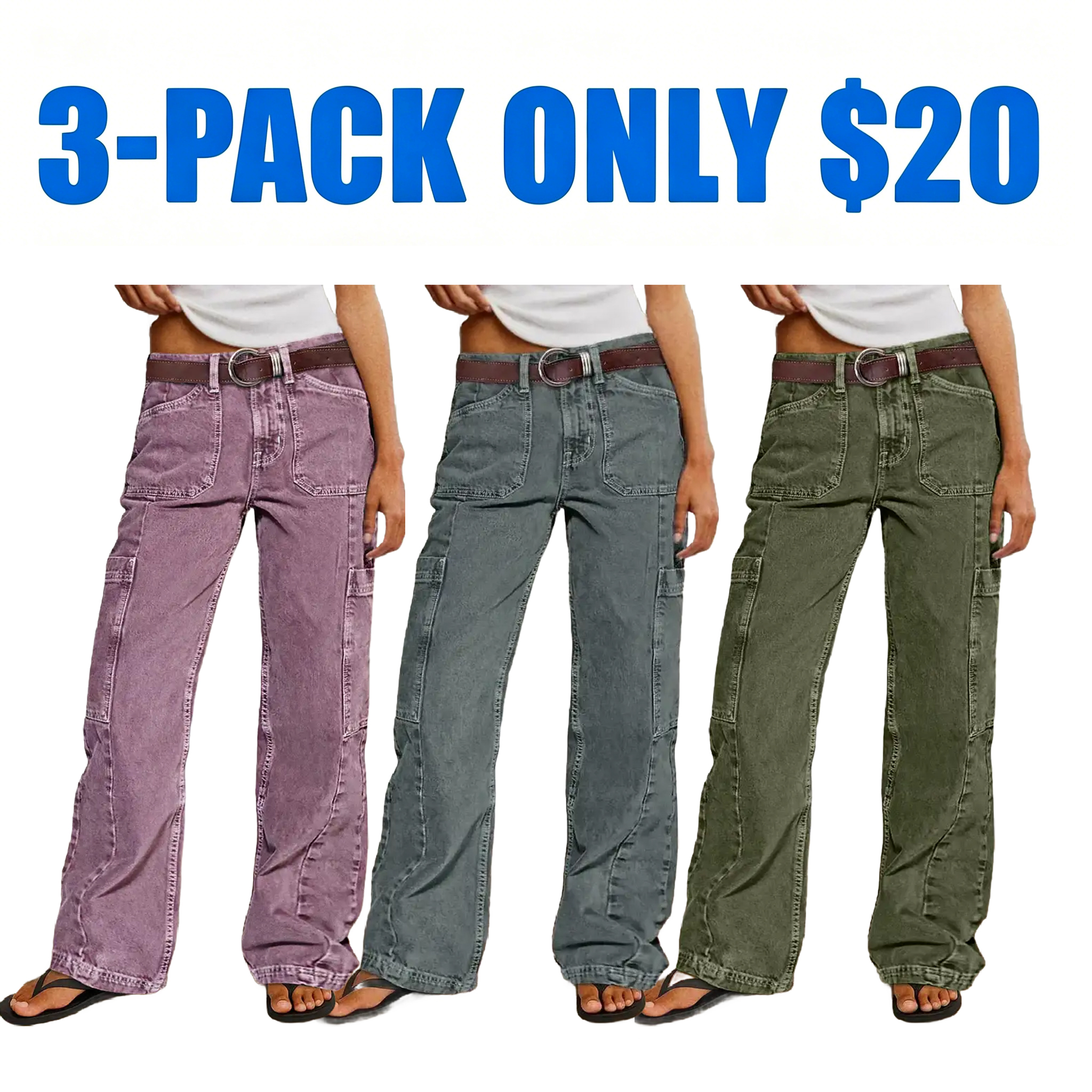 Women's Button Detail Mid Waist Straight Leg Cargo Pants Without Belt