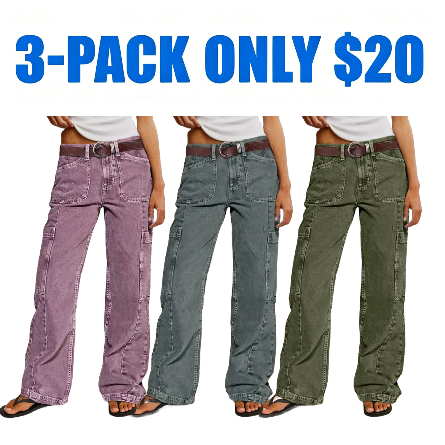 Women's Button Detail Mid Waist Straight Leg Cargo Pants Without Belt
