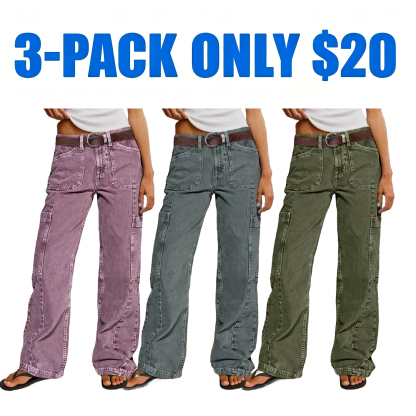 Women's Button Detail Mid Waist Straight Leg Cargo Pants Without Belt