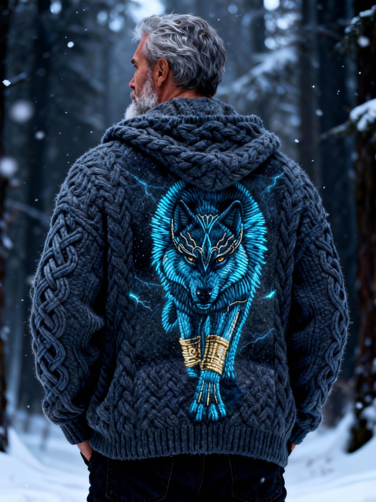 Men's Fluorescent Lightning Wolf Ketel Knot Hooded Sweater Cardigan