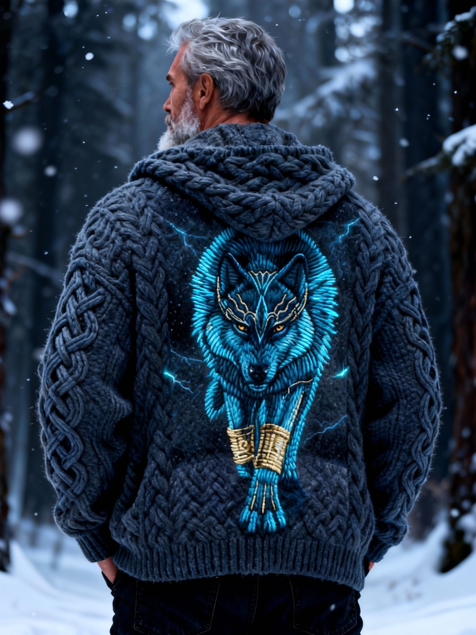 Men's Fluorescent Lightning Wolf Ketel Knot Hooded Sweater Cardigan