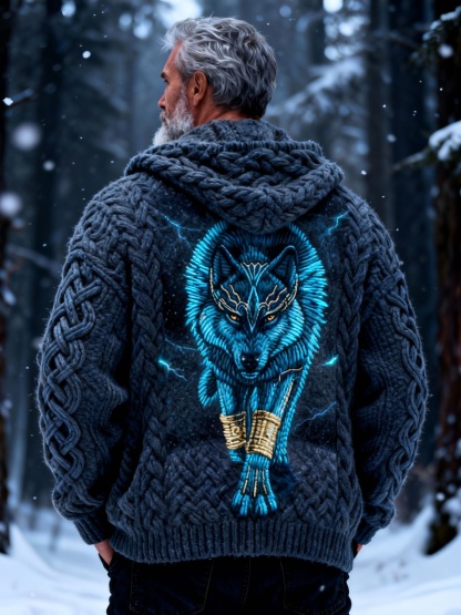 Men's Fluorescent Lightning Wolf Ketel Knot Hooded Sweater Cardigan